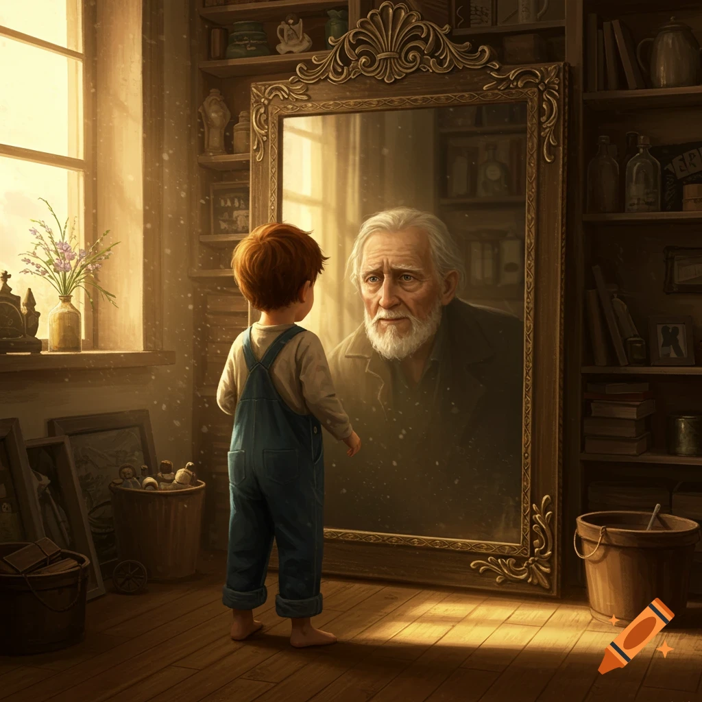 A painting of a little boy in overalls looking into a large ornate mirror, seeing the reflection of an old man in a sunlit, rustic room.