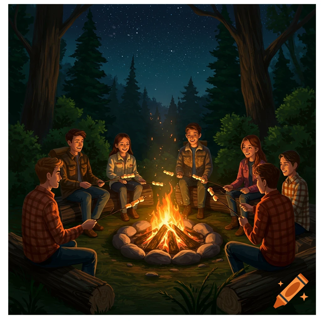 Illustration of six friends camping, sitting around a bonfire at night, roasting marshmallows in a dark forest under a starry sky.
