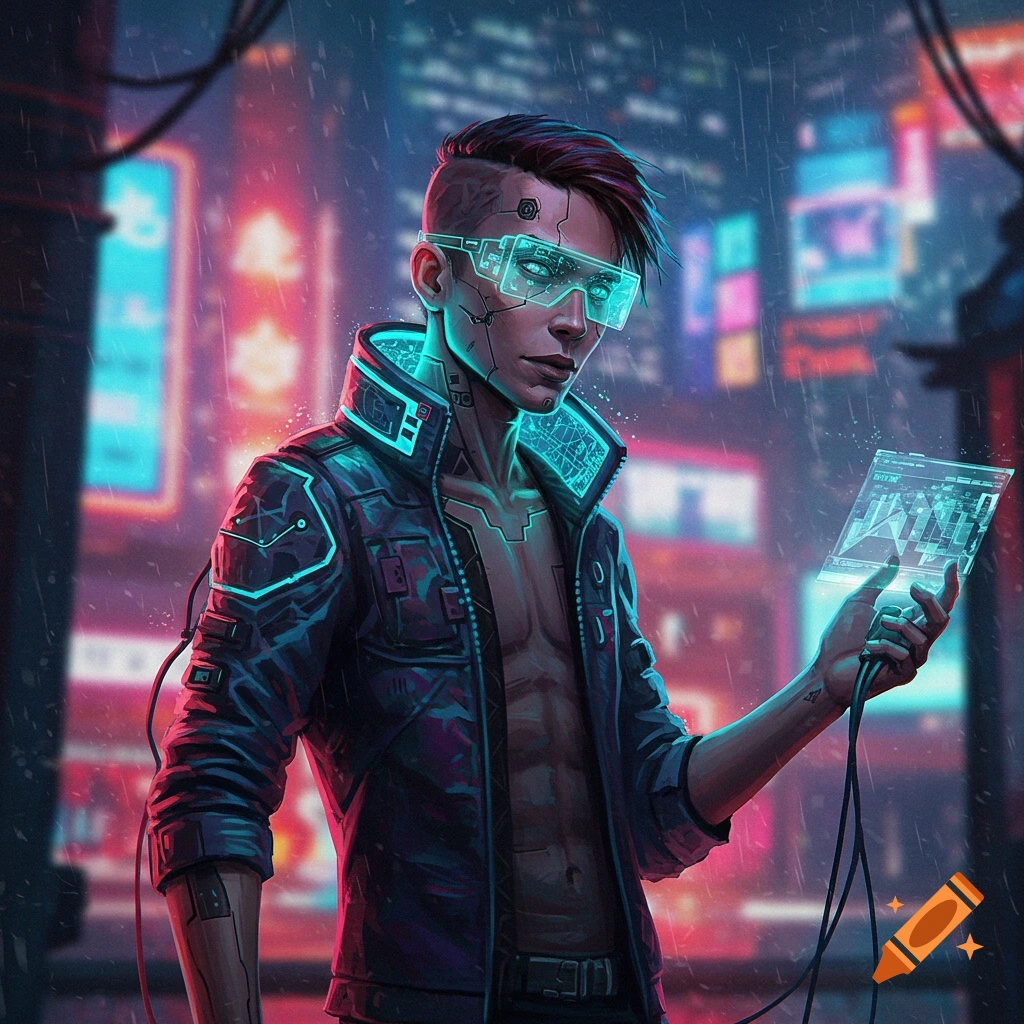 A cyberpunk male with glowing tech glasses and a jacket stands in a rainy neon city, holding a holographic device.
