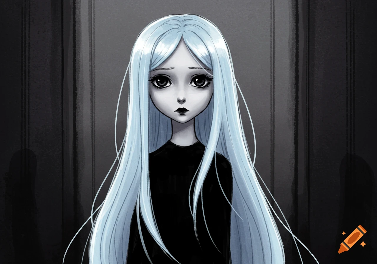 A stylized drawing of a pale girl with long light blue hair, large sad eyes, and black lips, wearing a black top.