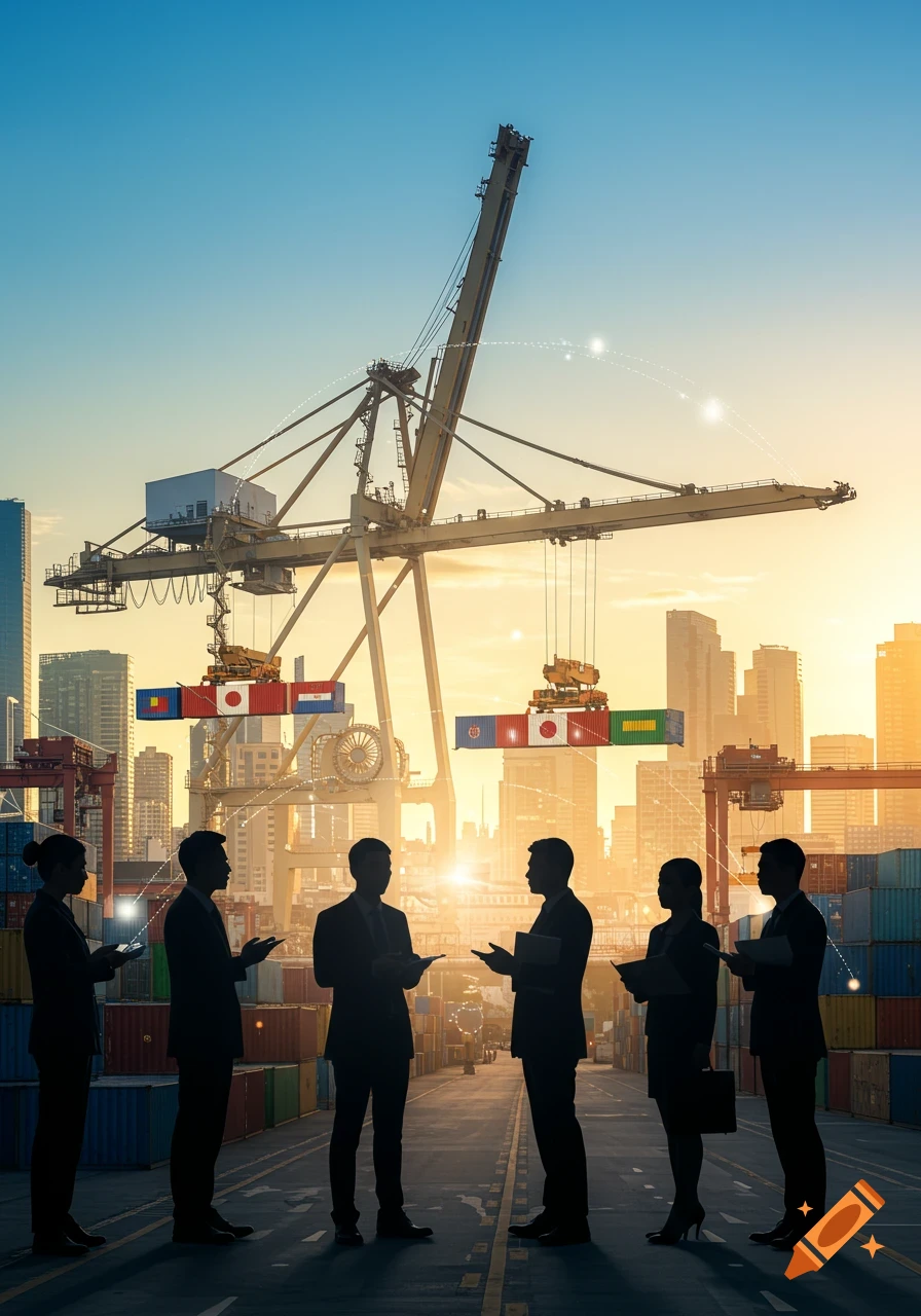 Silhouetted business people at a port with cargo cranes and containers featuring national flags under a sunset sky.