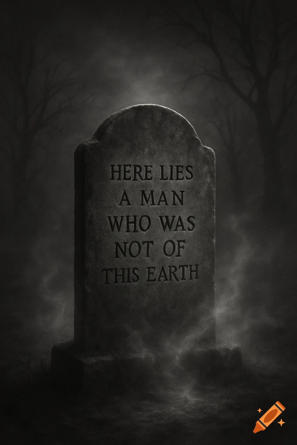 A grayscale image of a tombstone in a misty, dark forest. The tombstone reads "HERE LIES A MAN WHO WAS NOT OF THIS EARTH".