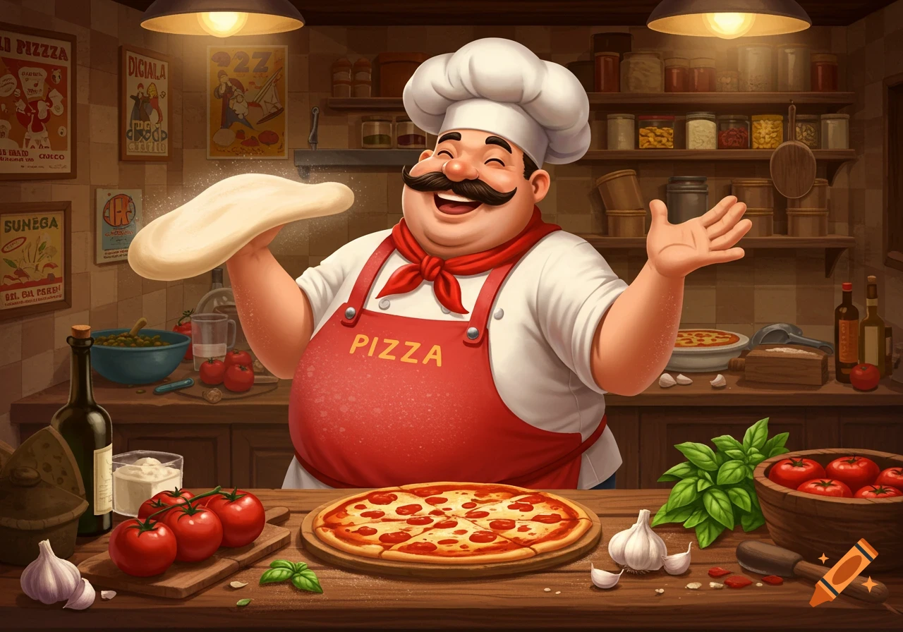 A happy cartoony Italian pizza chef in a red apron tosses pizza dough, surrounded by fresh ingredients and a finished pizza.