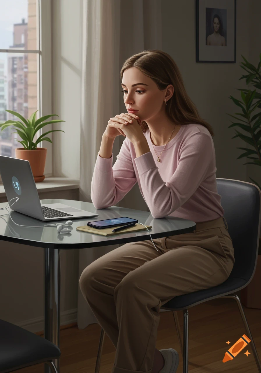 A young woman thoughtfully looking at a laptop with earbuds and a phone on a table in a modern room with a window.