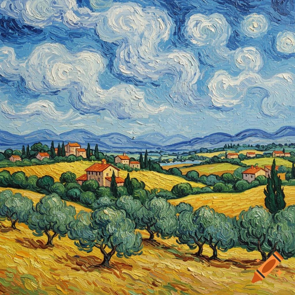 A vibrant landscape painting in Van Gogh's style, featuring golden fields, green olive trees, red-roofed houses, and swirling clouds in a blue sky.