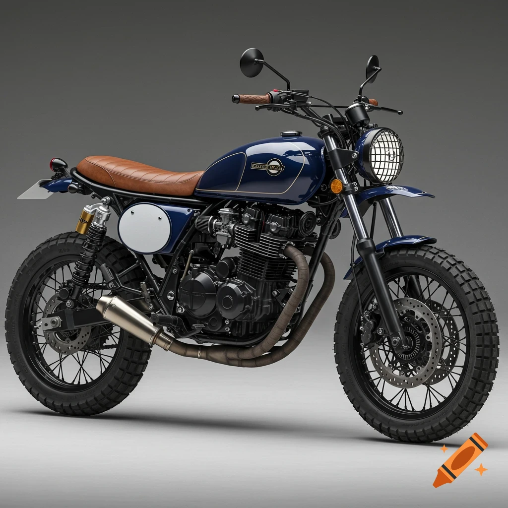 Photorealistic navy blue scrambler motorcycle with brown leather seat, knobby tires, and grilled headlight.