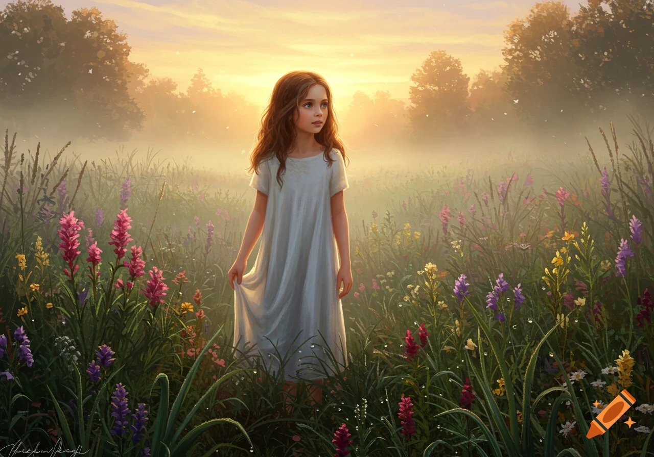 Young girl with long brown hair in a white dress stands in a misty field of colorful wildflowers at sunrise, painterly style.
