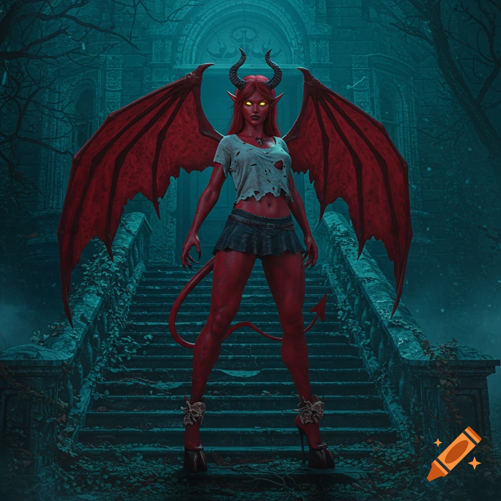 Photorealistic demoness with red skin, bat wings, and hooves stands on haunted house steps in a torn tee and miniskirt.