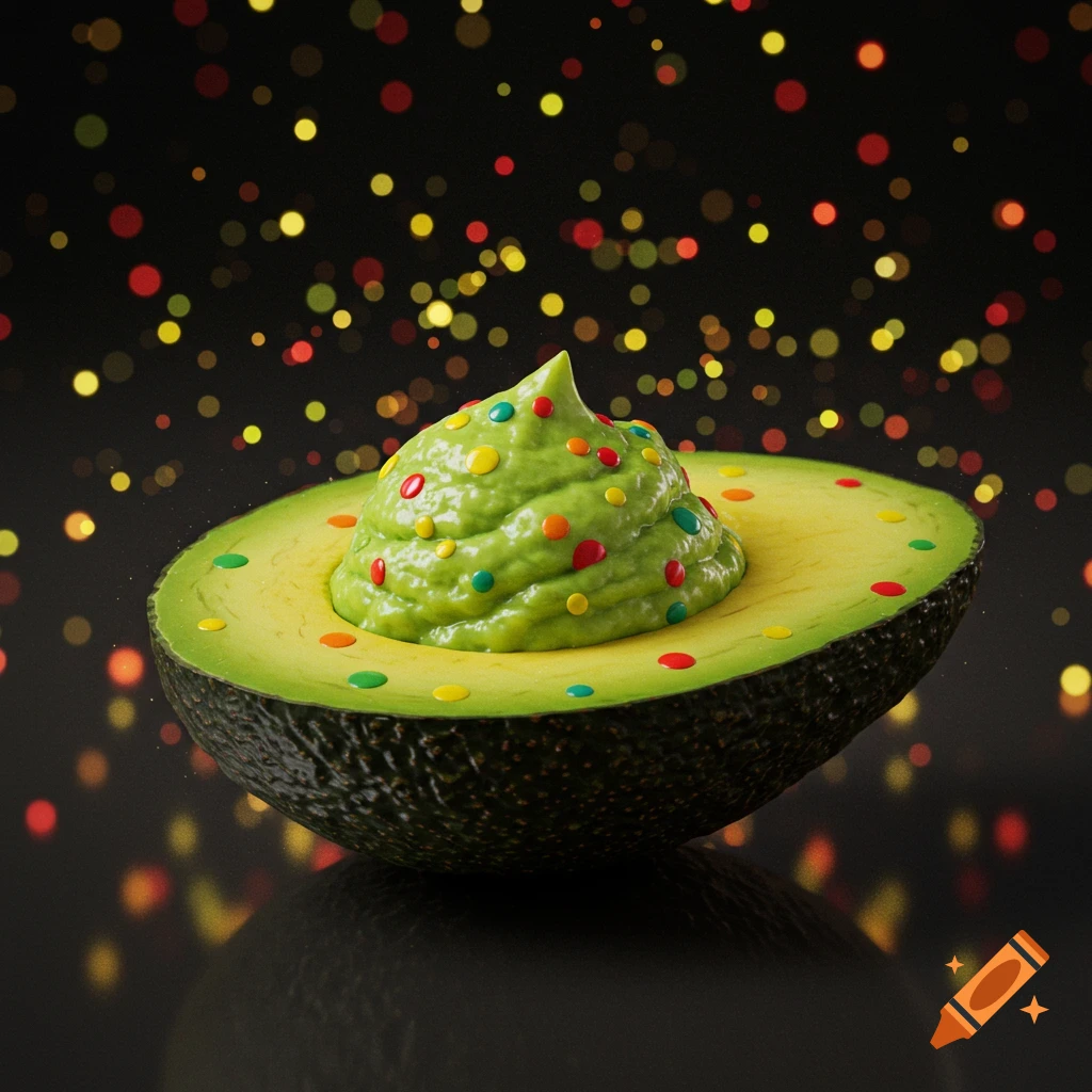 A half avocado filled with guacamole and colorful candy dots, against a dark bokeh background, in a whimsical, art-inspired style.