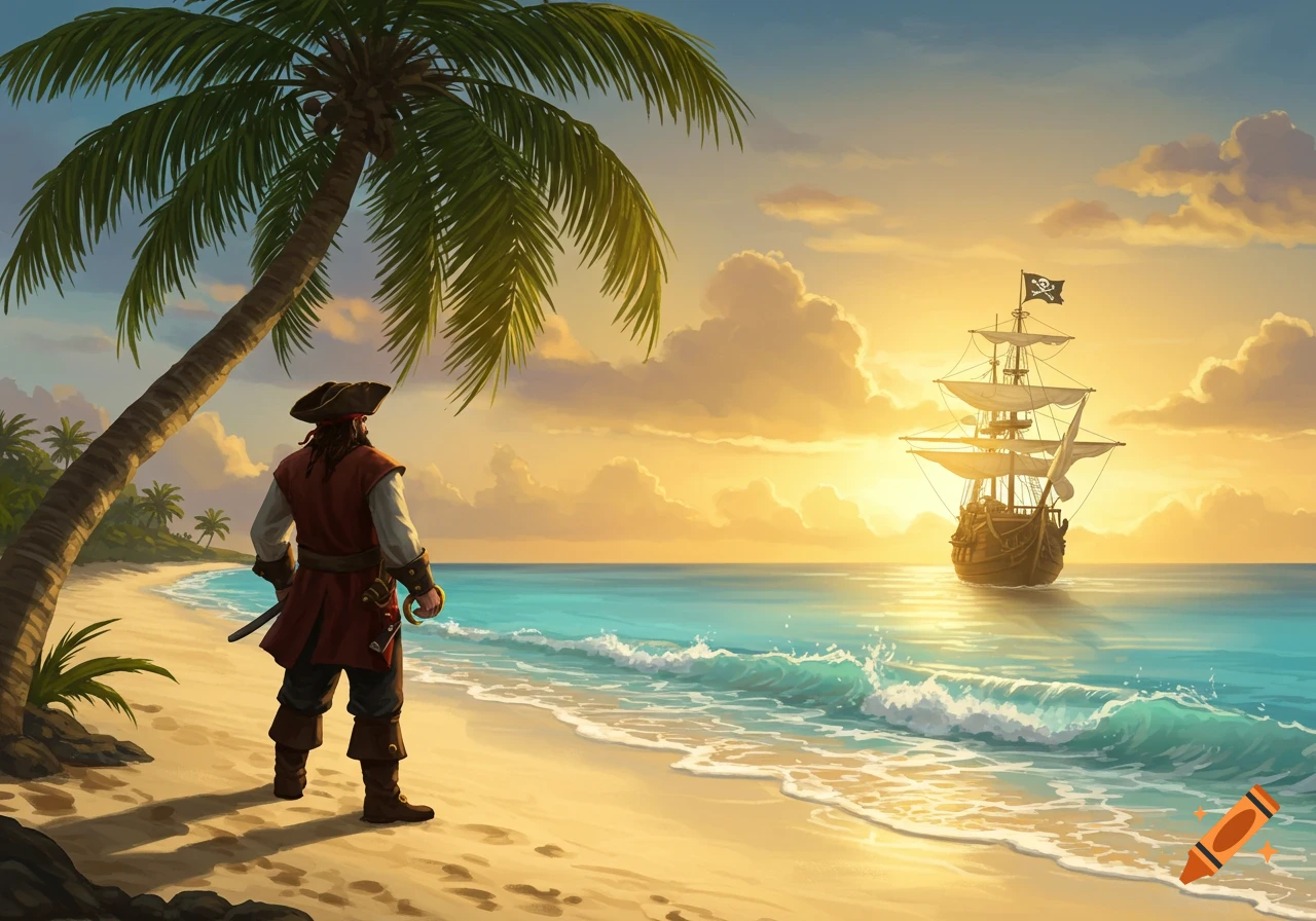 A pirate stands on a sandy beach under a palm tree, gazing at a pirate ship with a skull flag on the horizon at sunset.