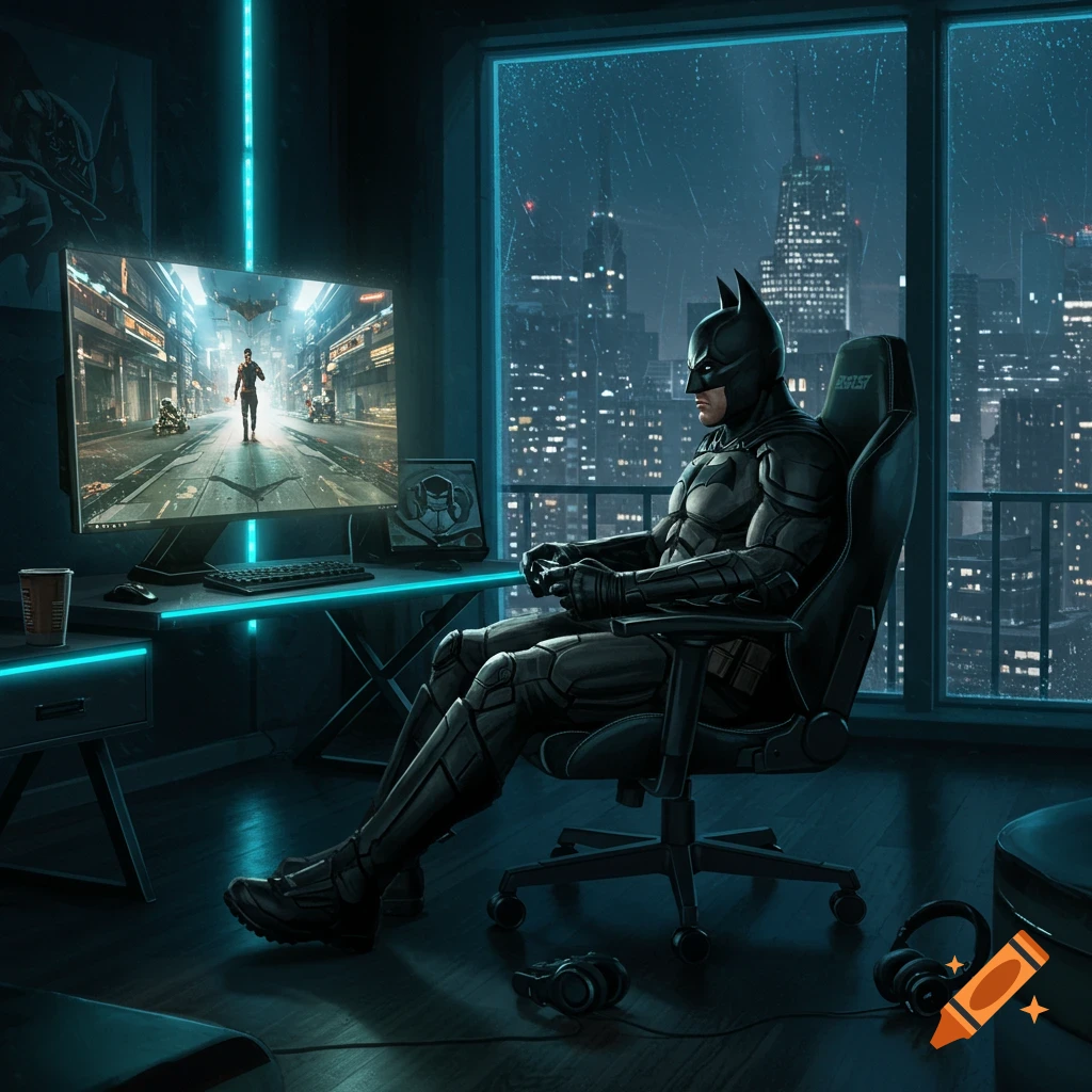 Batman plays a video game on a monitor in a neon-lit room overlooking a futuristic city at night, digital art.