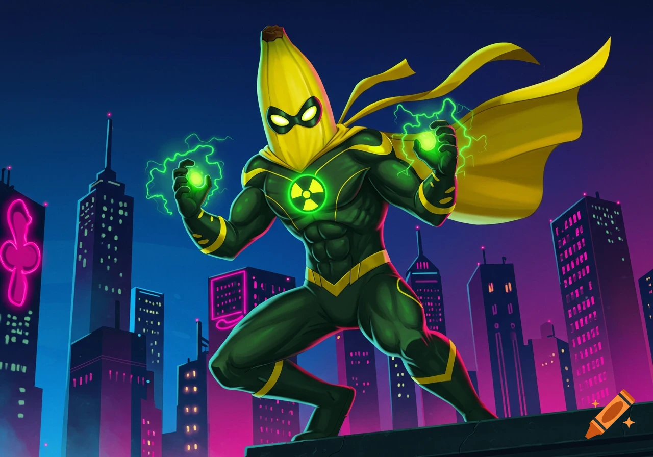 A muscular banana superhero in a dark green suit and yellow cape stands on a city rooftop at night, emitting green energy from his hands.