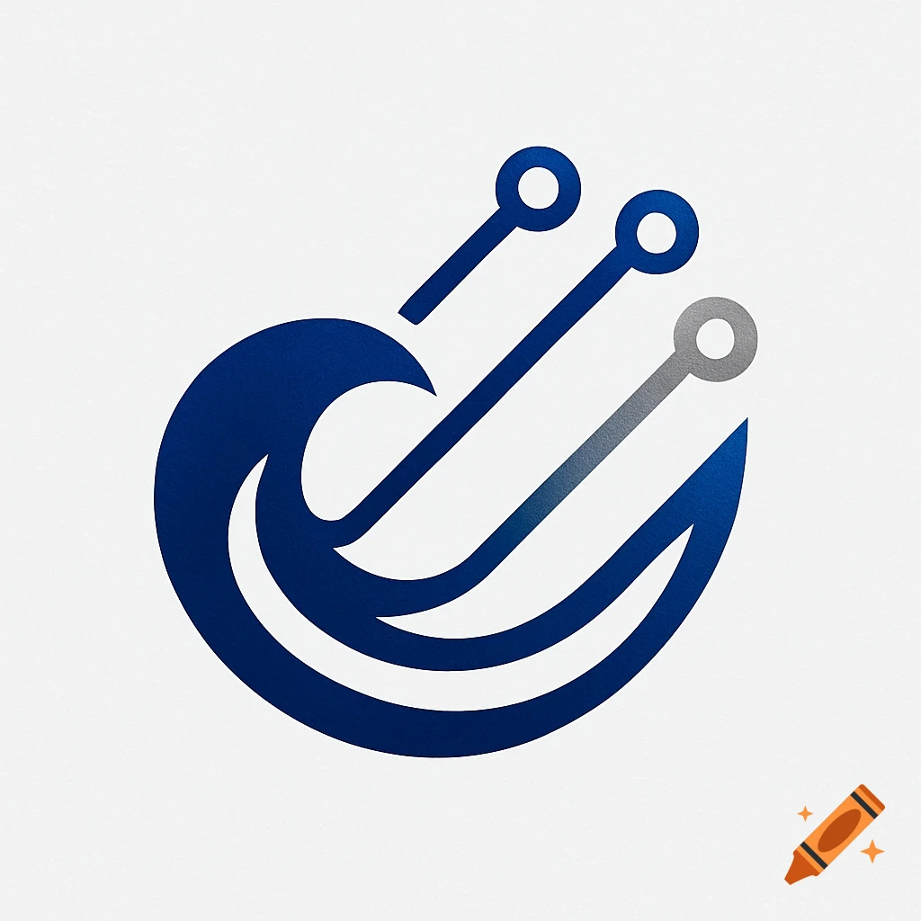 A modern abstract logo featuring a blue wave-like curve and three diagonal lines with circles.
