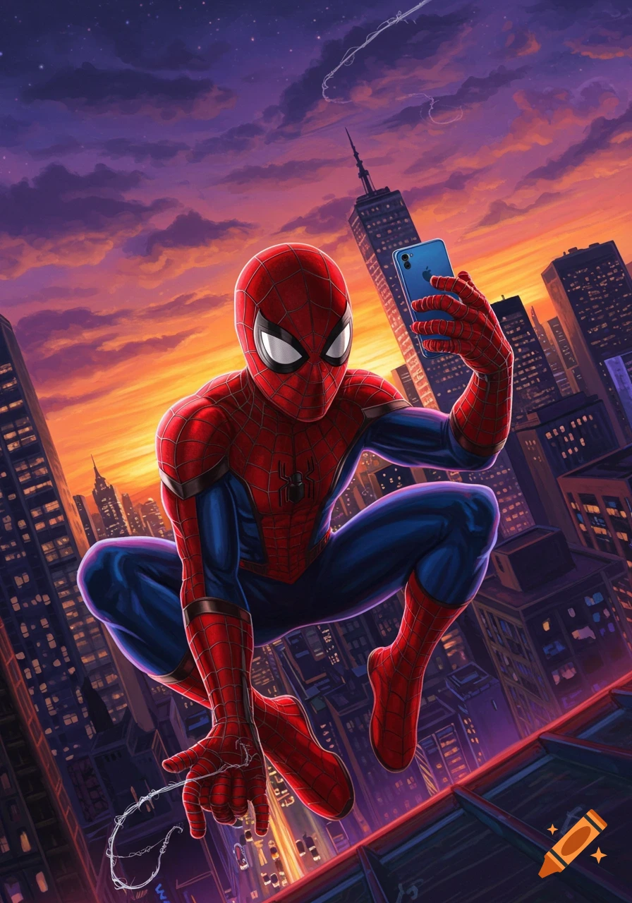 Spider-Man crouches on a rooftop, holding a smartphone to take a selfie against a vibrant sunset city skyline, comic art style.