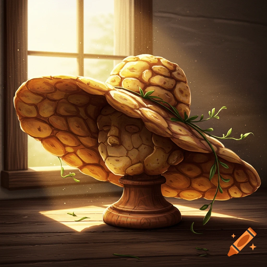 A whimsical bust made of stone-like material wears a wide-brimmed hat constructed from numerous potato-like shapes, adorned with green vines, in a sunlit room.