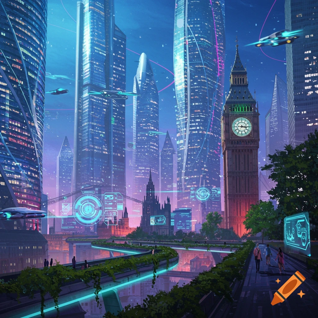 A vibrant, futuristic cityscape of London with towering skyscrapers, flying vehicles, and the illuminated Big Ben beside a glowing canal.