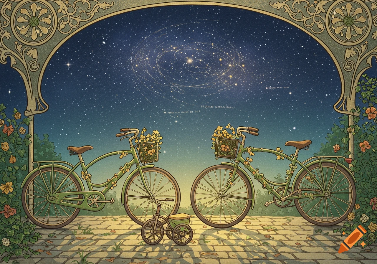 Art Nouveau illustration of two bicycles and a tricycle under a starry night sky, framed by ornate foliage.