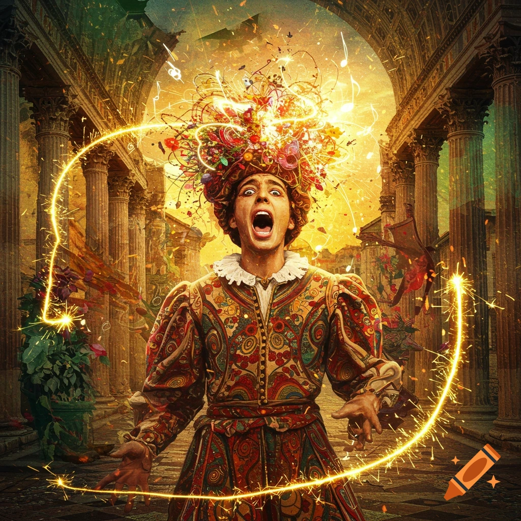 A person in an elaborate, patterned costume with an expressive face, a glowing, chaotic crown, and sparkling light effects in a classical architectural setting.