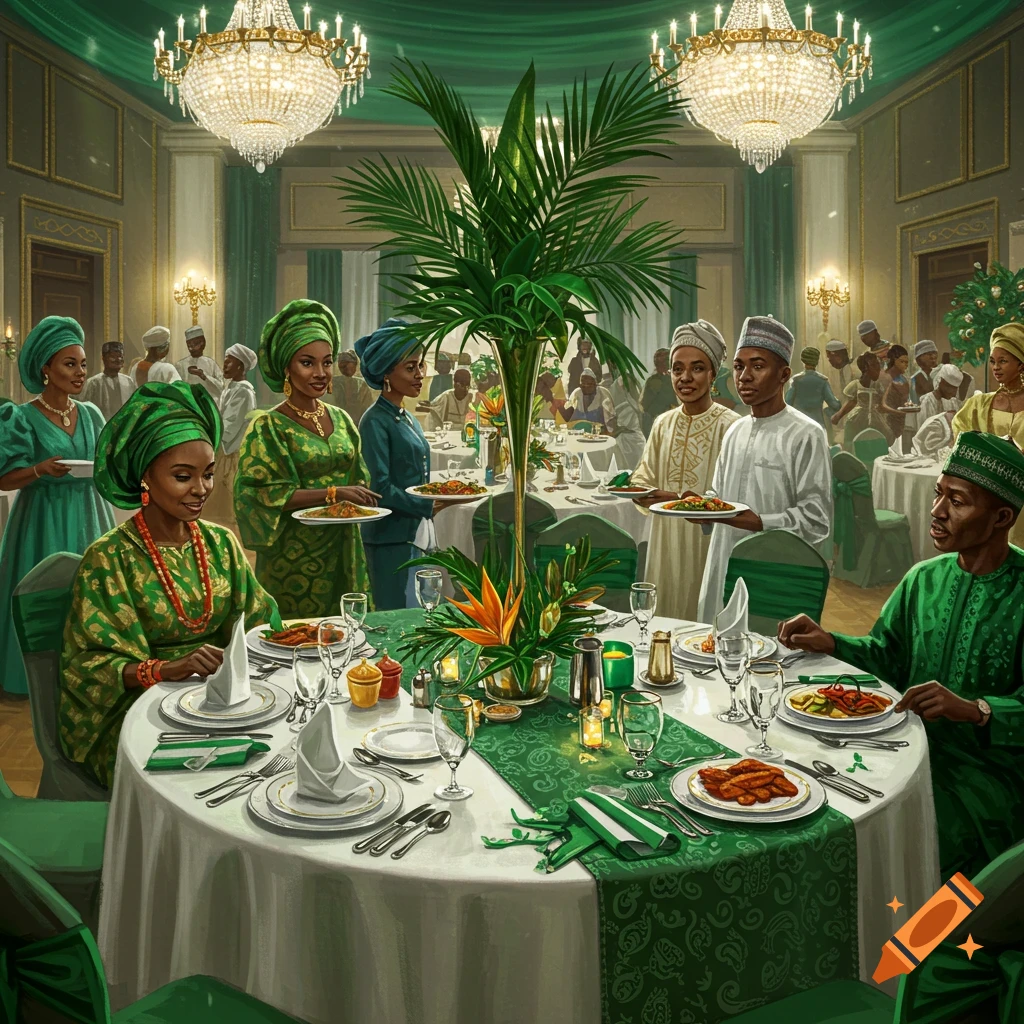An illustration of a formal Nigerian 65th Anniversary Dinner in a grand ballroom, with elegantly dressed people dining and serving food.