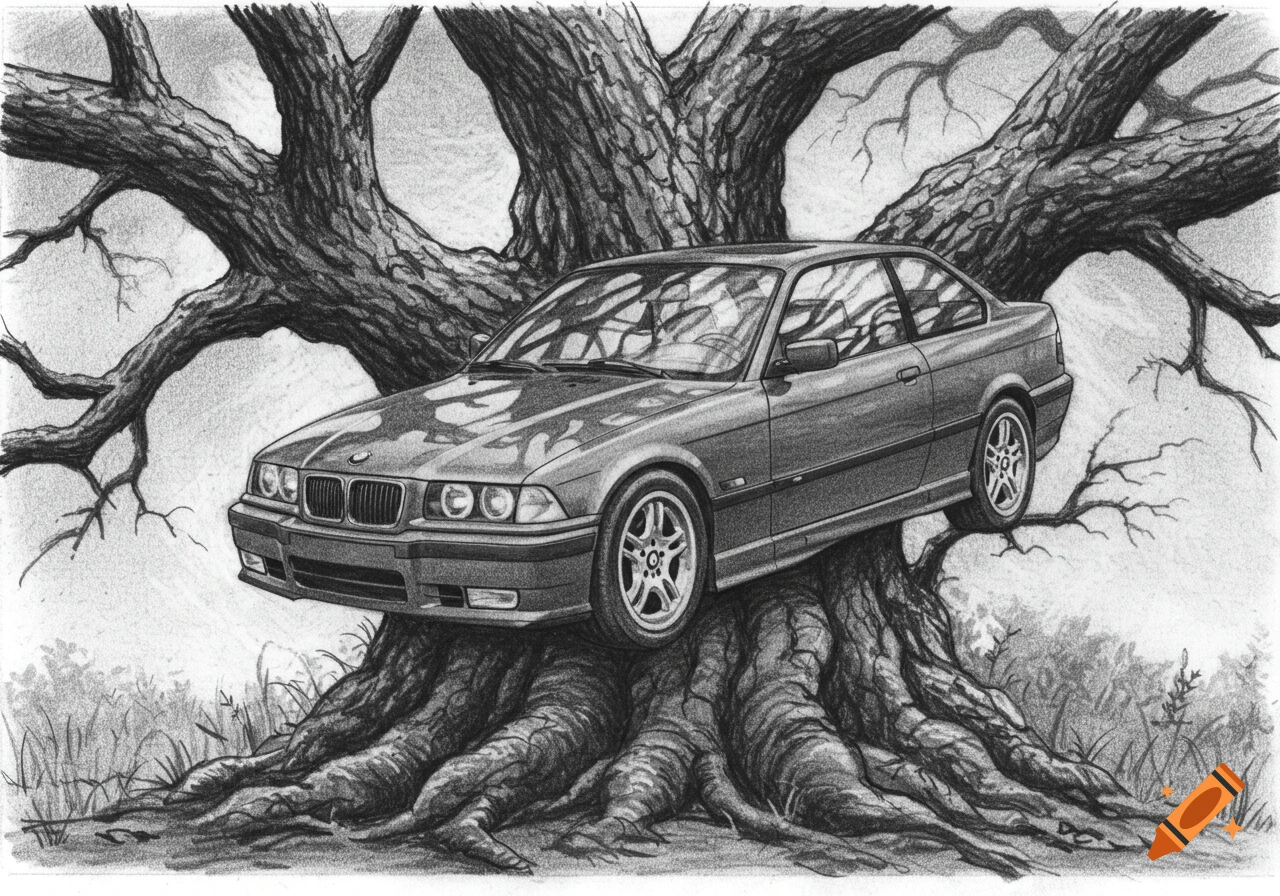 Charcoal sketch of a gray BMW E36 coupe stuck in the gnarled branches of a large tree.