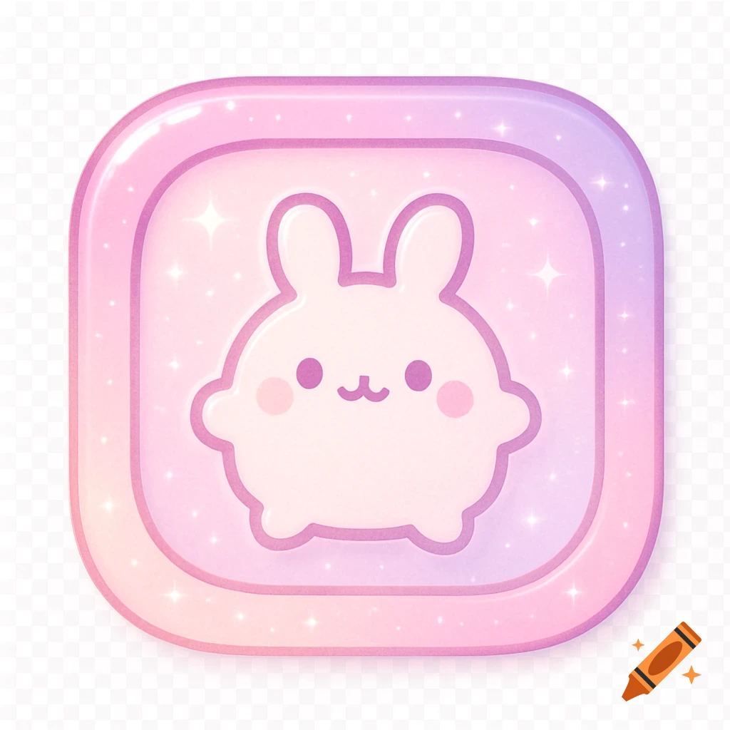 A cute, round, light pink bunny with blush cheeks and a smile, in a pink and purple gradient rounded square logo with sparkles.