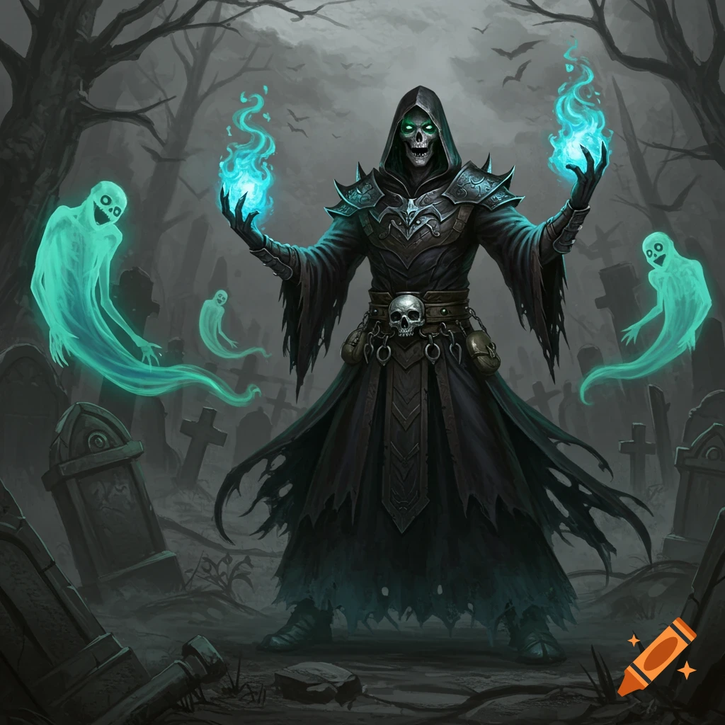 A dark necromancer with glowing green eyes and hands summoning blue flames and green ghosts in a spooky graveyard.