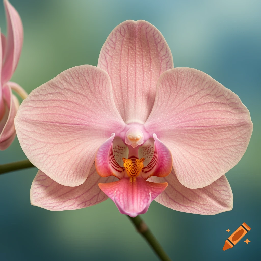 Close-up of a detailed pink orchid blossom with textured petals against a blurred green and blue background.