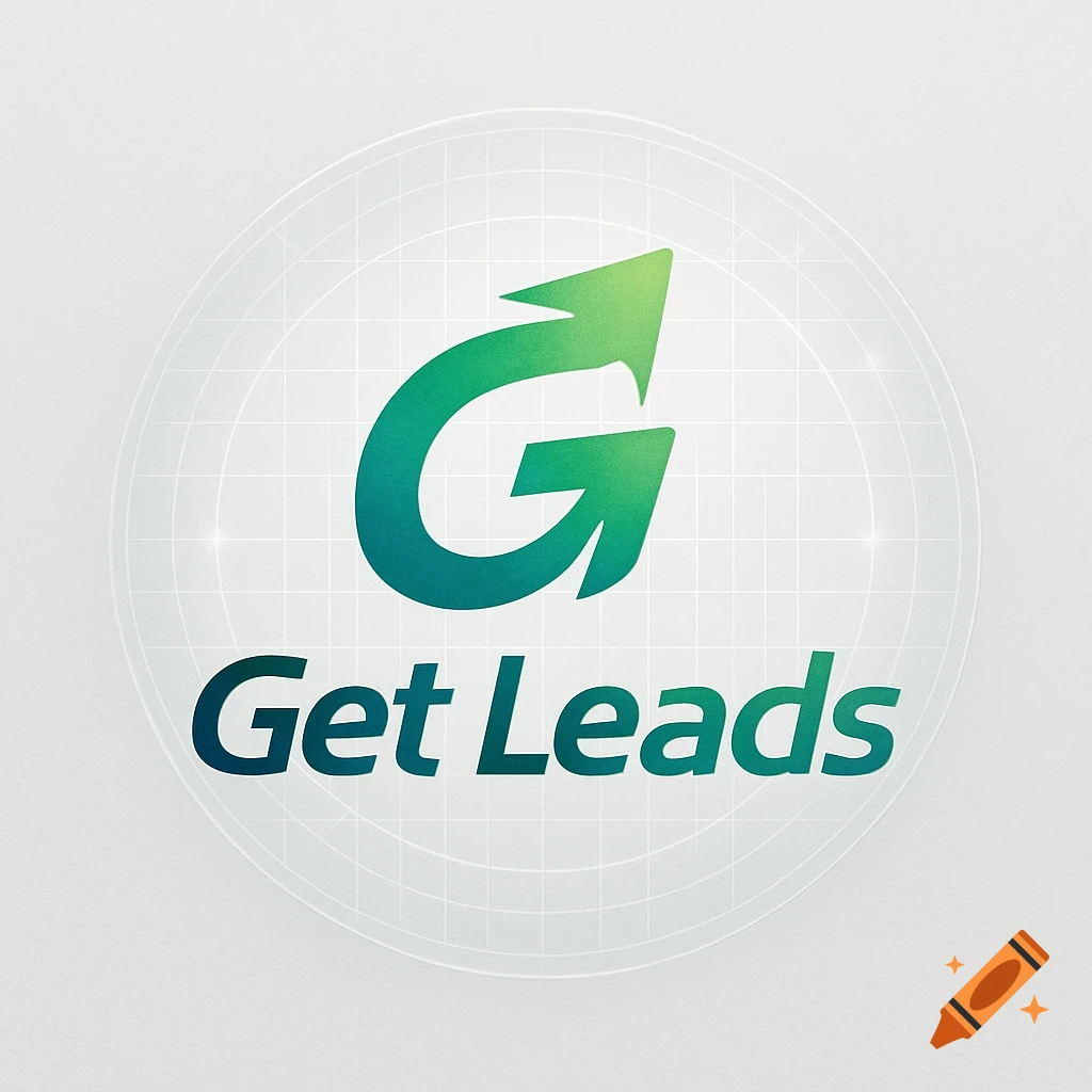 A gradient green 'G' with an arrow and the text 'Get Leads' in a circular logo with a subtle grid background.