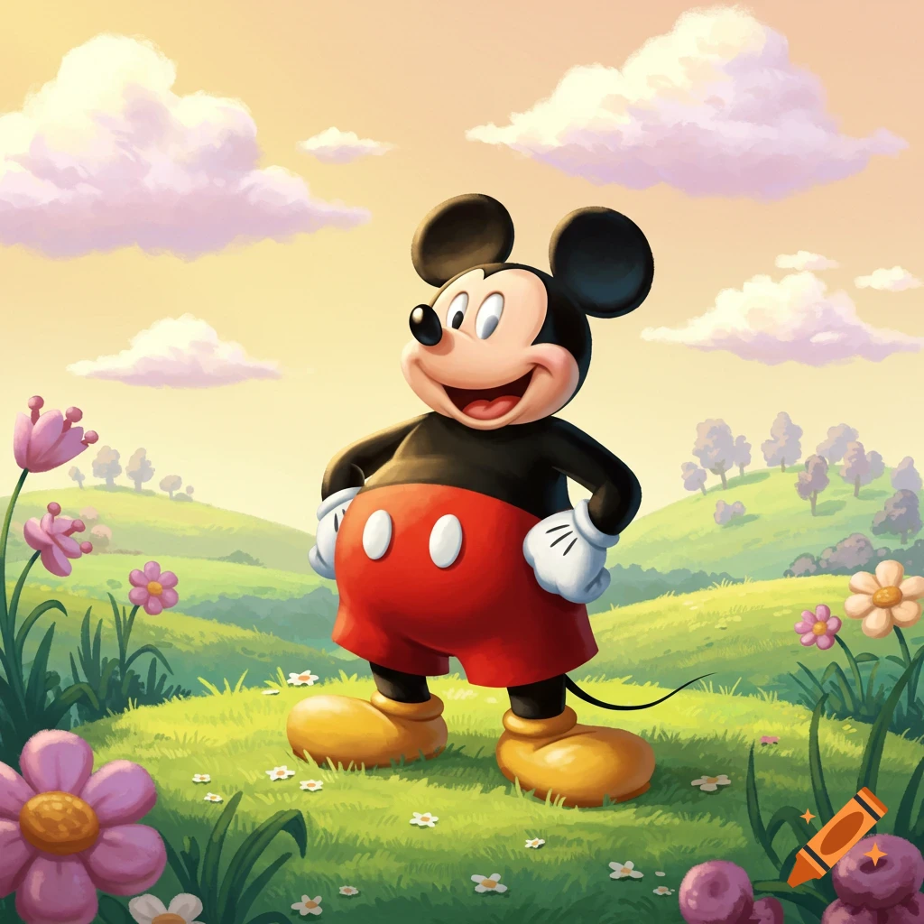 A cheerful Mickey Mouse stands in a vibrant green field with colorful flowers and fluffy clouds under a bright sky.