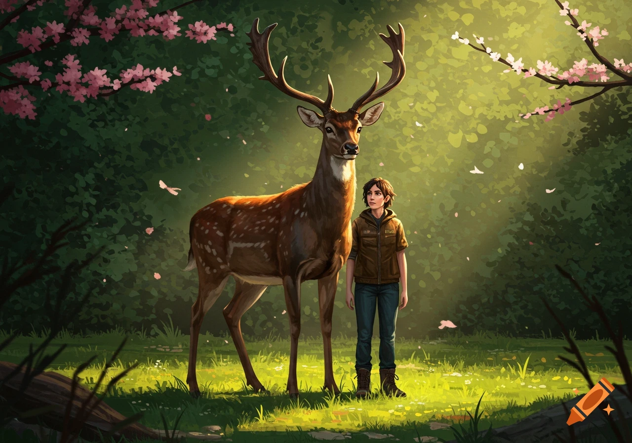 A young person stands beside a large deer with antlers in a sunlit forest filled with pink blossoms, digital painting.
