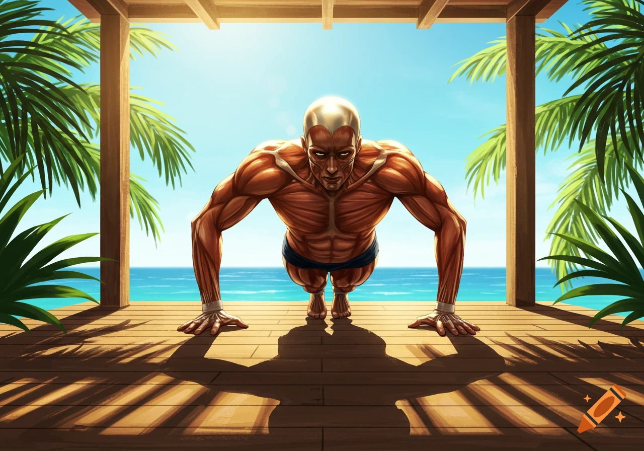 Stylized illustration of a muscular, anatomically detailed man performing push-ups on a wooden deck by a tropical ocean.
