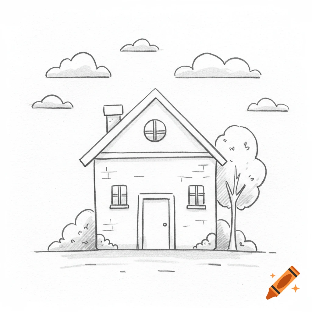 Pencil drawn doodle icon of a house with clouds, bushes, and a tree.
