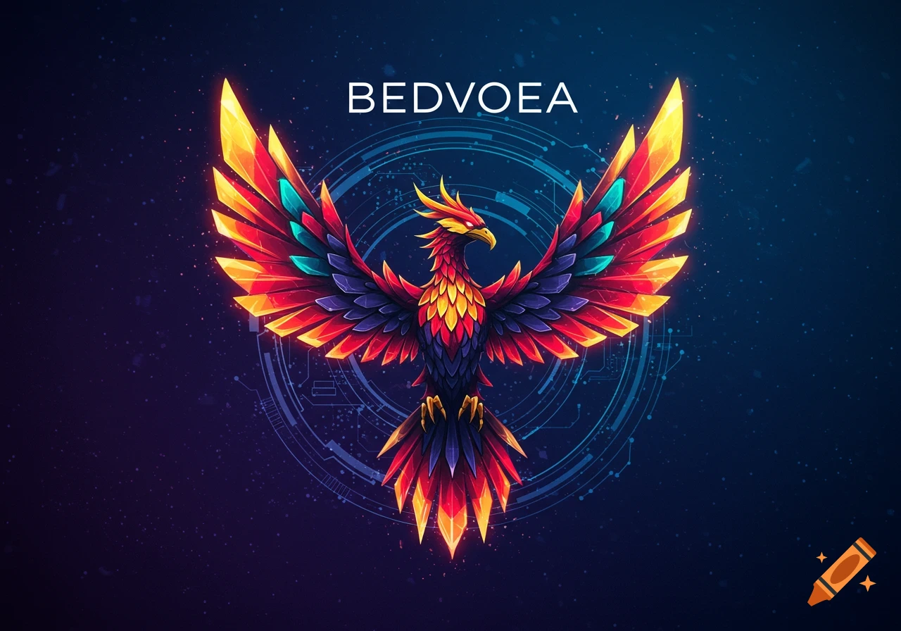 Colorful geometric phoenix logo with outstretched wings against a dark blue background with glowing circuitry and text "BEDVOEA" above.