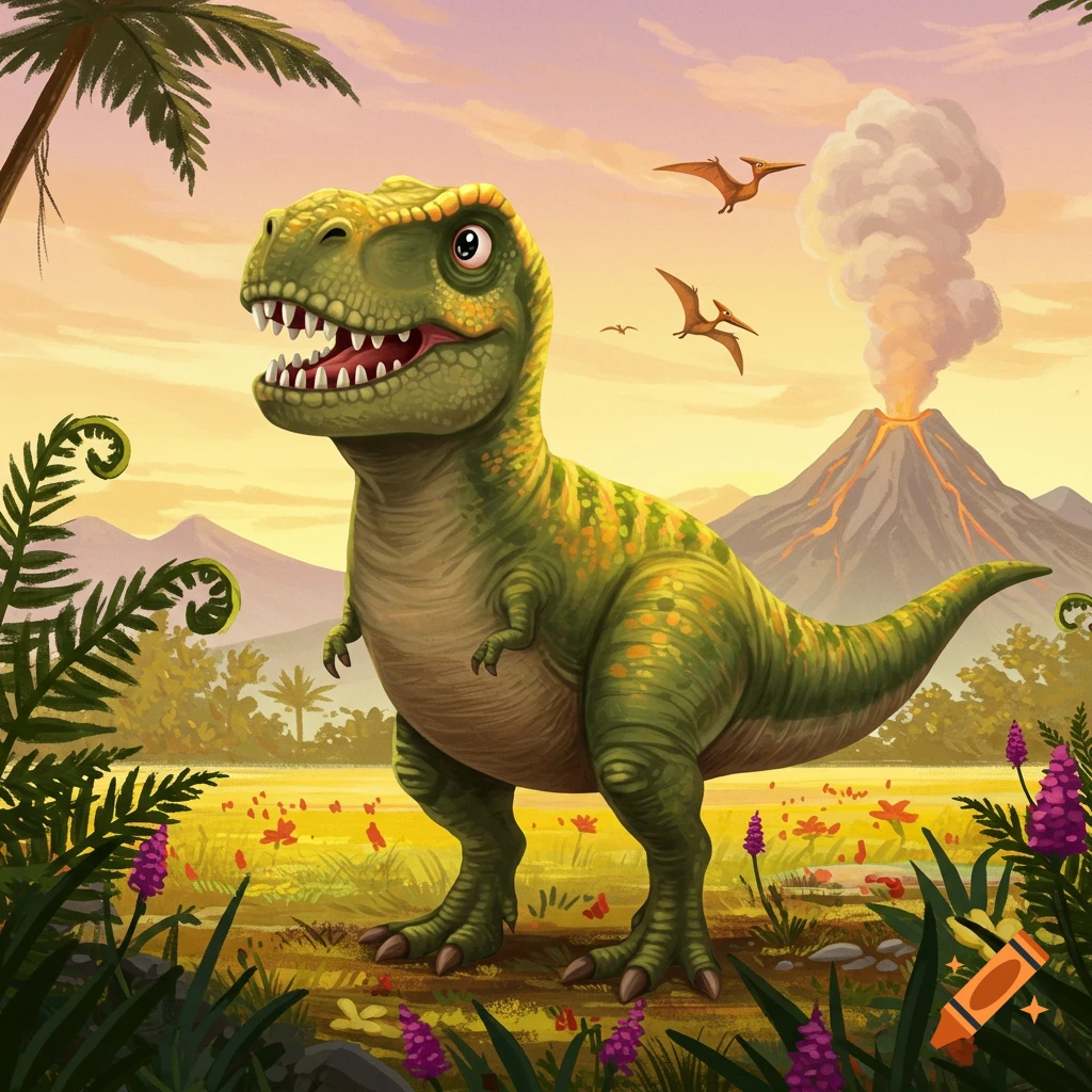 A cute, cartoonish green T-Rex with a wide smile stands in a prehistoric landscape with a smoking volcano and pterodactyls flying under a colorful sky.