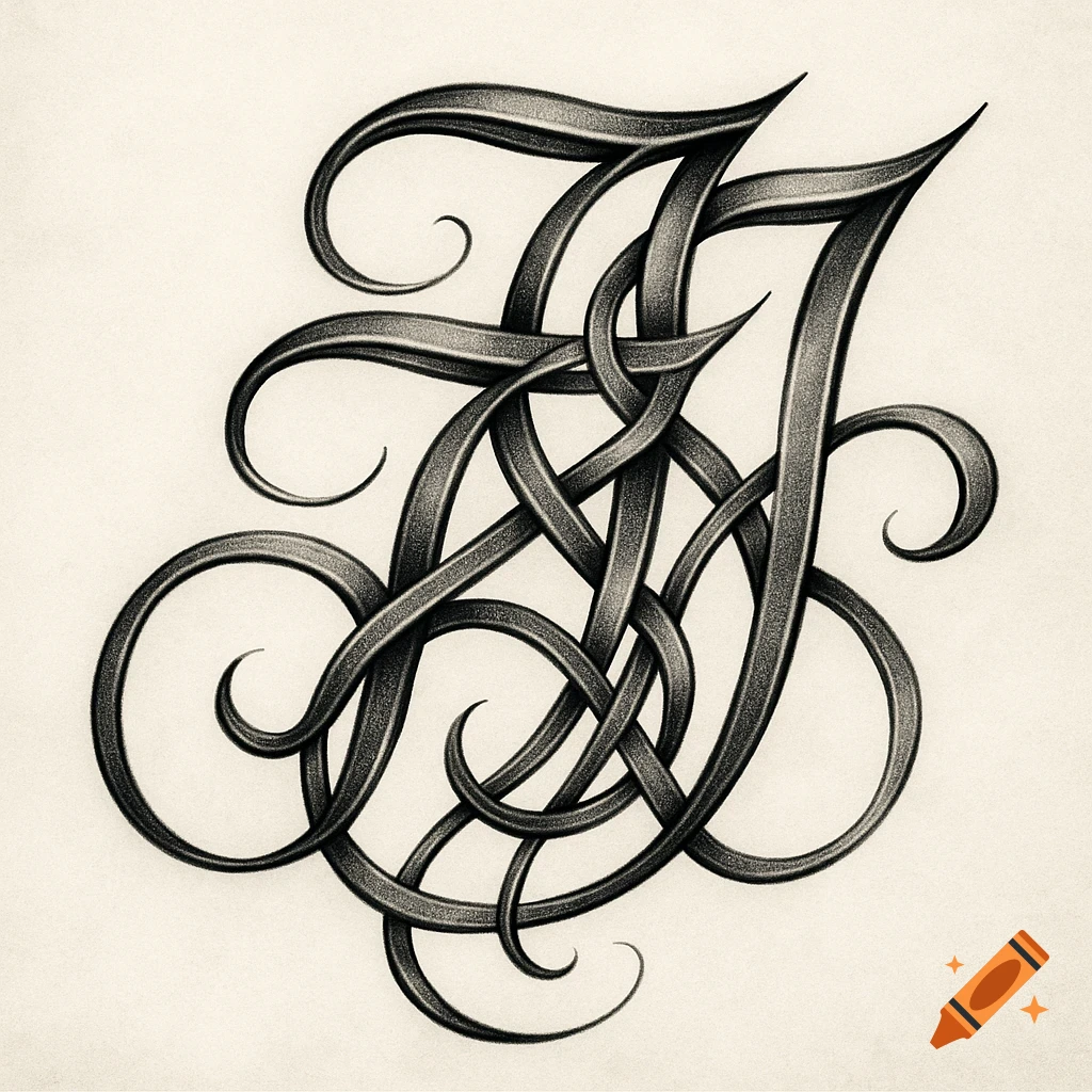 A detailed, shaded drawing of three intricately intertwined gothic-style 'J' letters forming a complex monogram on a light background.