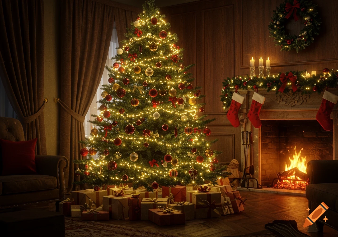 A warmly lit room with a decorated Christmas tree, presents, and a cozy fireplace with stockings.