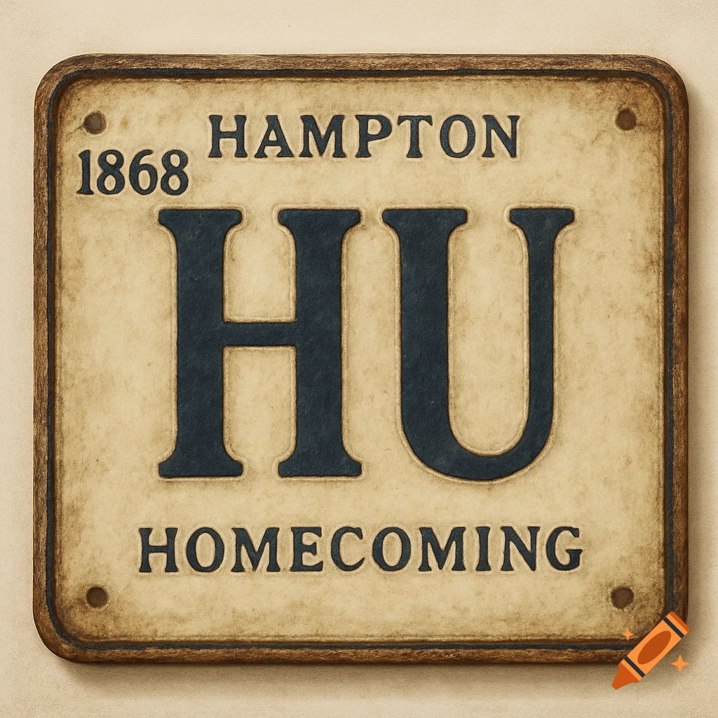 Vintage-style sign with '1868 HAMPTON HU HOMECOMING' text on a textured cream and brown background.