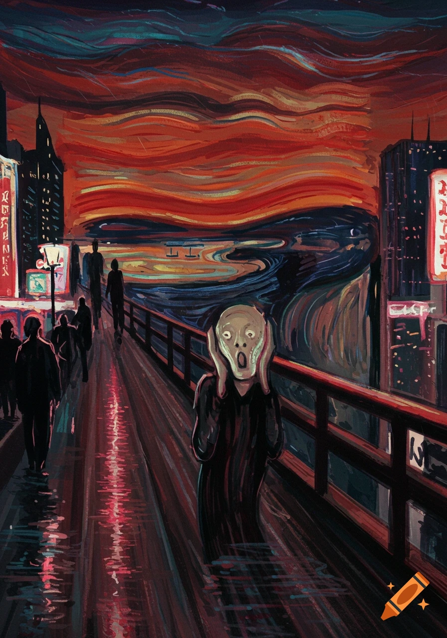Stylized painting of "The Scream" figure on a bridge in a dark city under a fiery red and orange sky.
