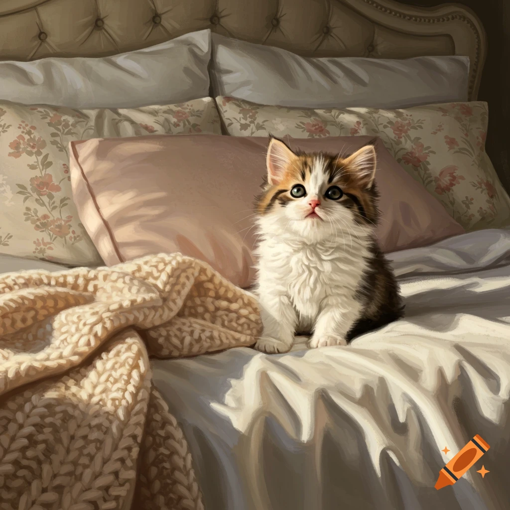 A fluffy white and brown kitten sits on a soft, light-colored bed with patterned pillows and a knitted blanket.