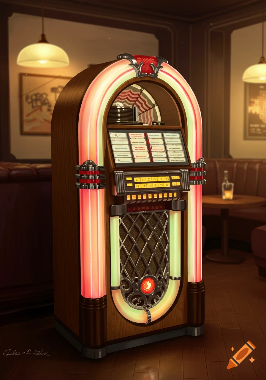 A vintage wooden jukebox with colorful lights stands in a dimly lit bar, detailed with song selection buttons.