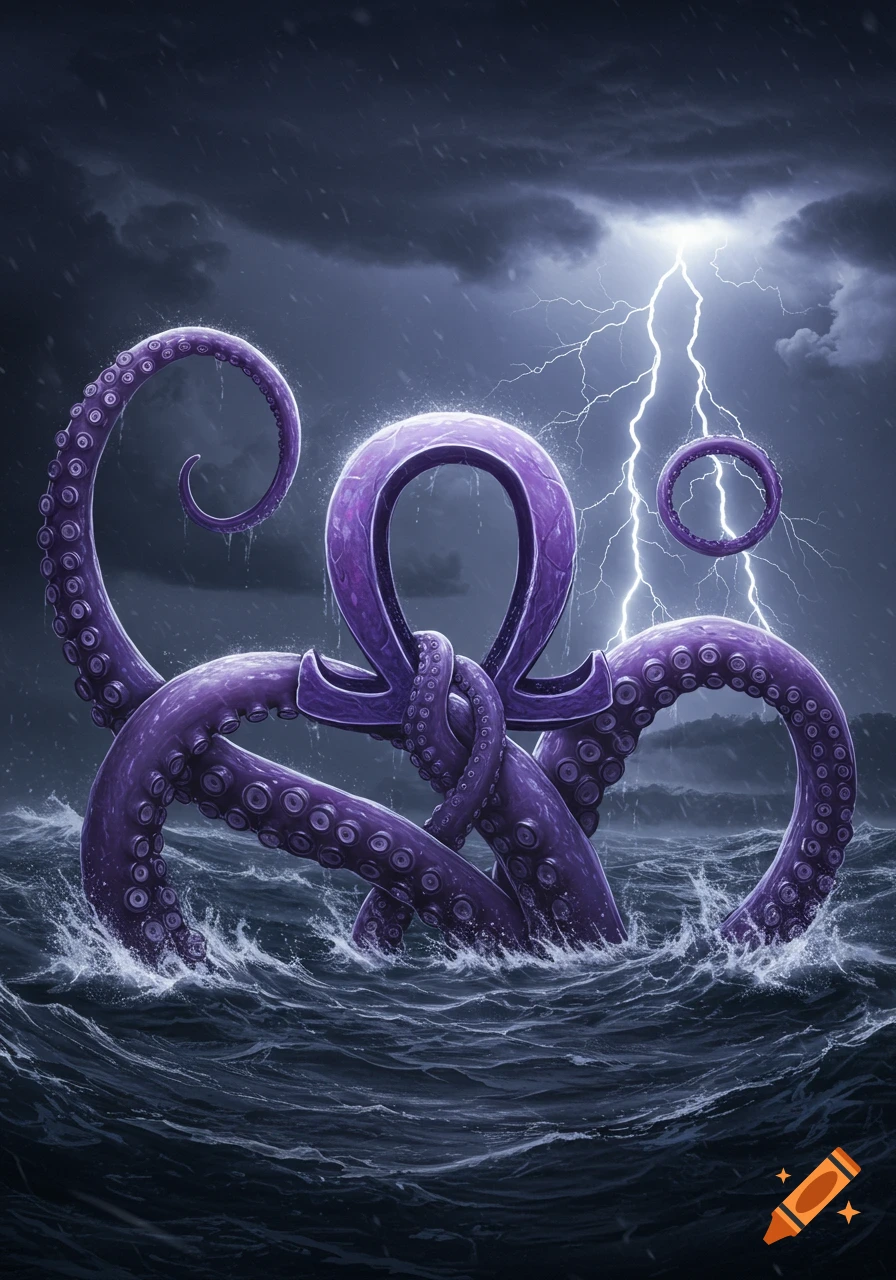 Purple kraken tentacles emerge from a dark, stormy ocean, entwined around a large symbol, illuminated by lightning.