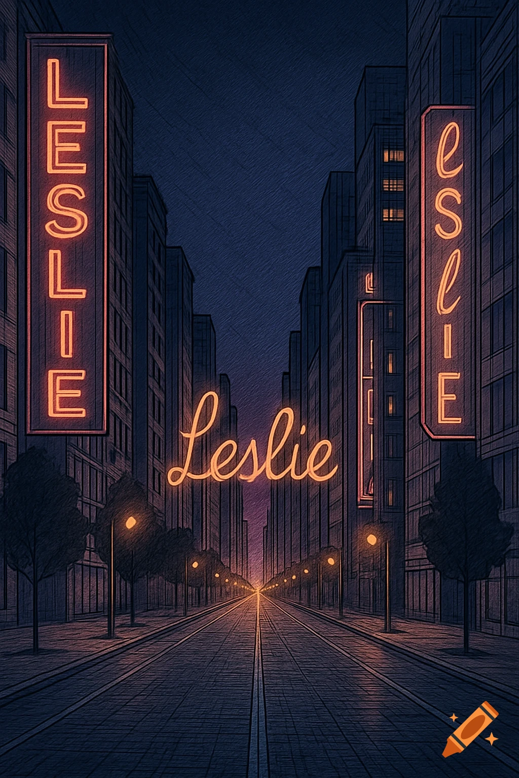 An illustrative perspective drawing of a city street at dusk, with buildings on both sides, and neon signs displaying the name 'Leslie' in various styles.