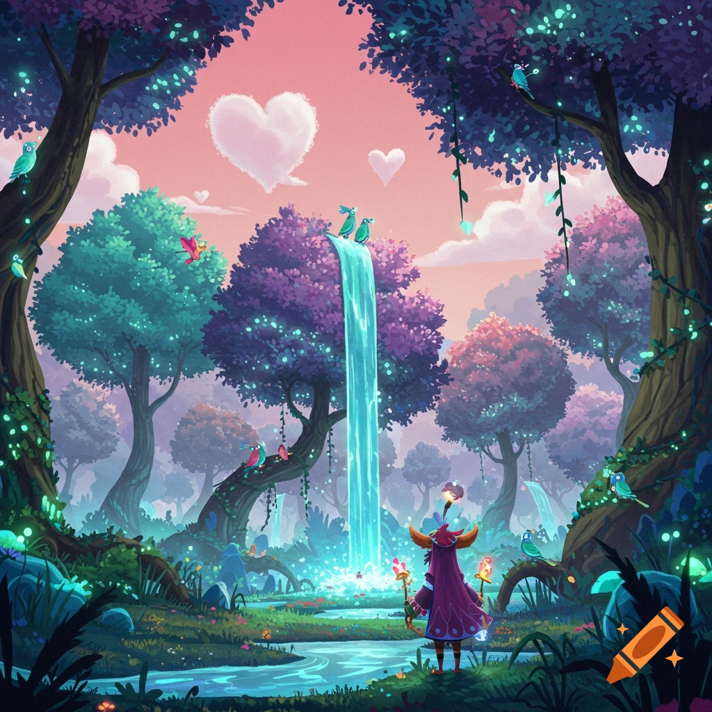 A hooded figure in a vibrant fantasy forest with glowing trees, a magical waterfall, a stream, and heart-shaped clouds in a pink sky.