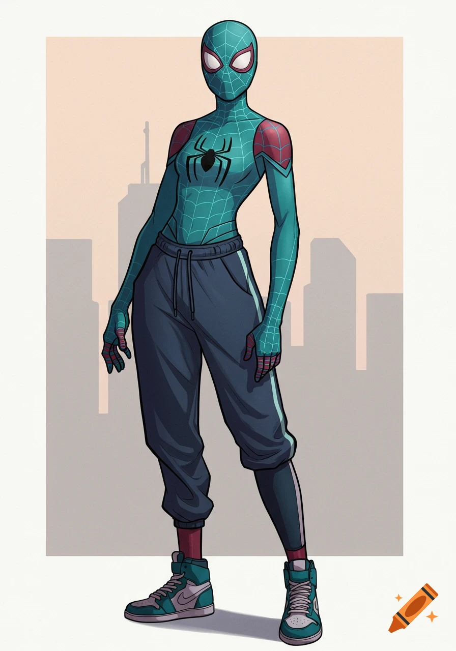 A female superhero in a teal and red spider suit, blue sweatpants, and high-top sneakers stands in a city silhouette.