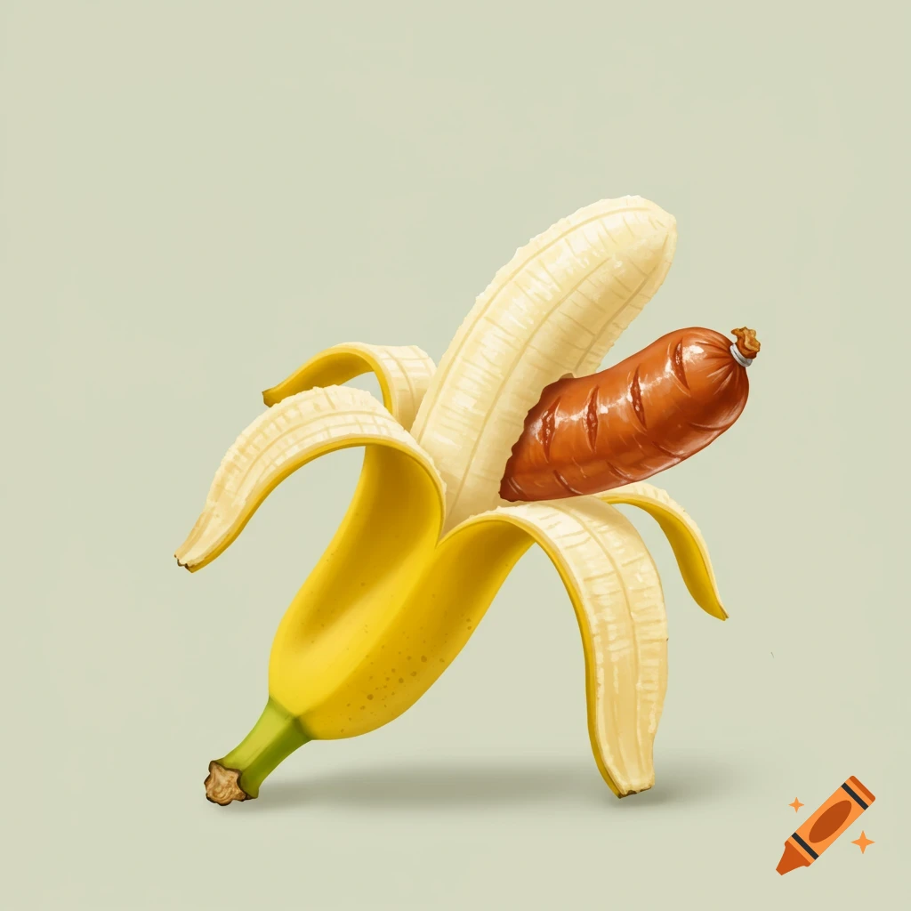 A peeled banana reveals a grilled hot dog (smokie dog) with a knot at the end, on a plain background.