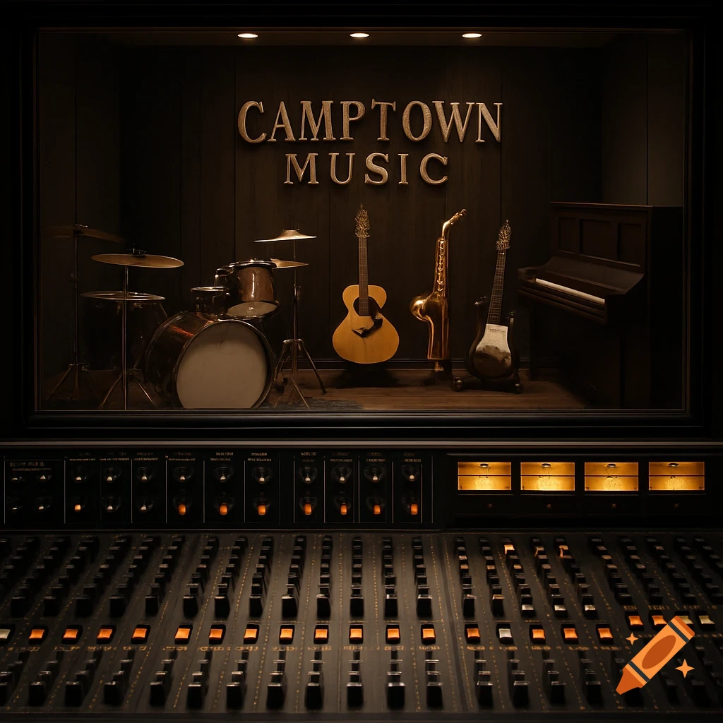 A sound studio control board looking into a recording room with drums, guitars, saxophone, piano, and a 'CAMPTOWN MUSIC' sign on the wall.