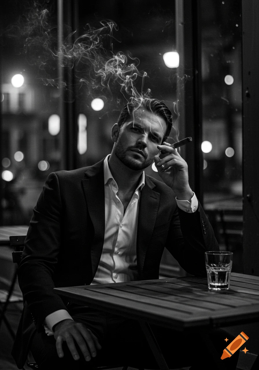 Black and white cinematic portrait of a stylish man in a suit smoking a cigar at a cafe table, with smoke curling around him.