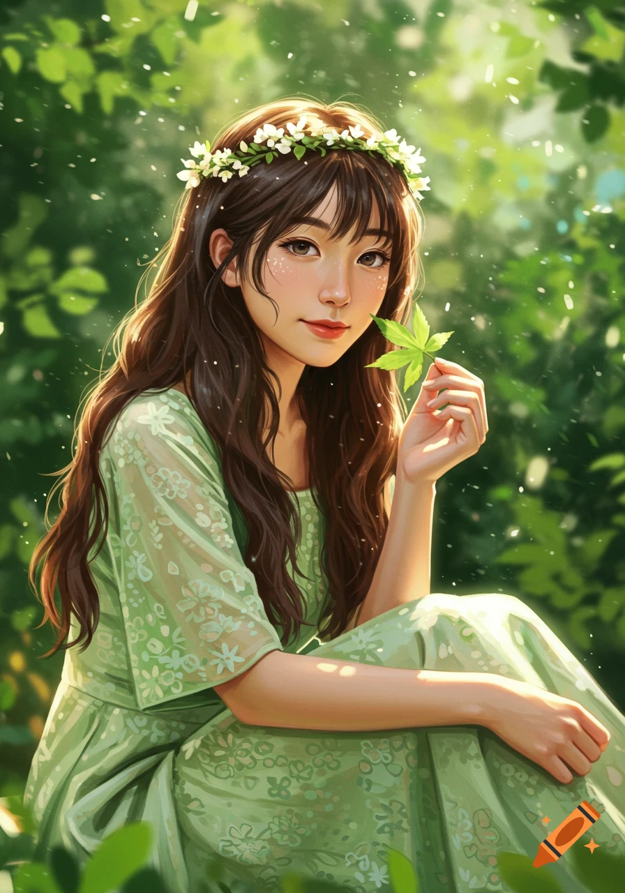 A digitally painted young Asian woman in a green dress and flower crown sits in a sunny forest, holding a leaf.