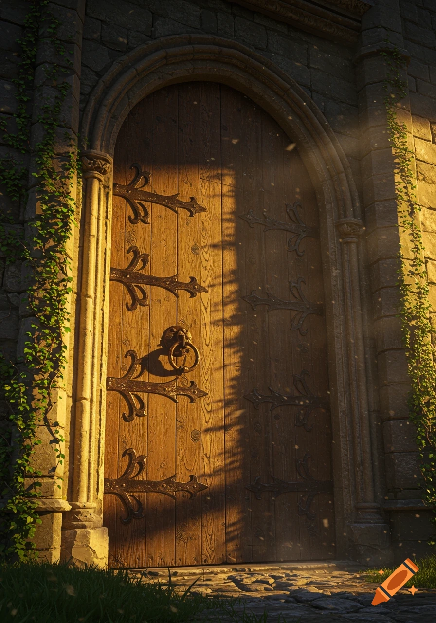 A grand wooden castle door with ornate ironwork in a stone archway, covered in ivy, bathed in golden sunlight.