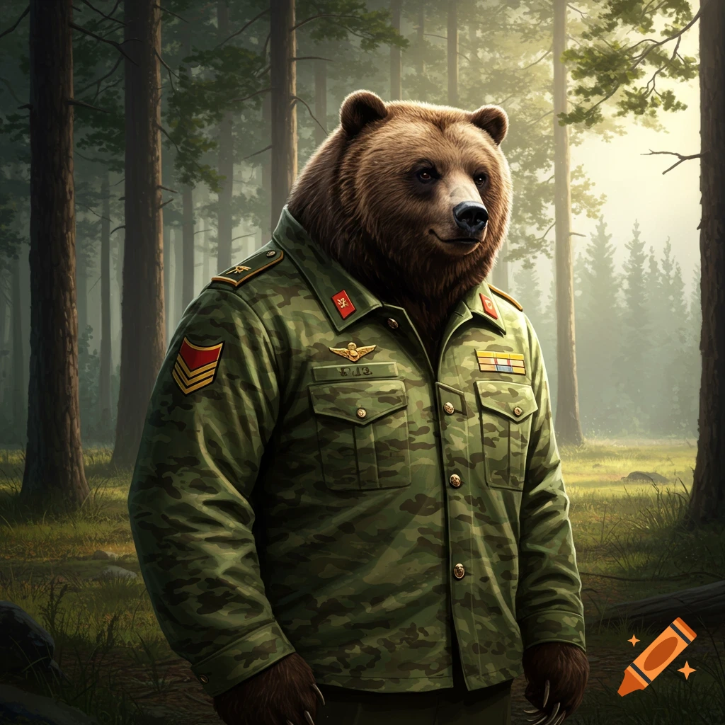 A photorealistic brown bear wearing a green camouflage military uniform stands in a lush forest.